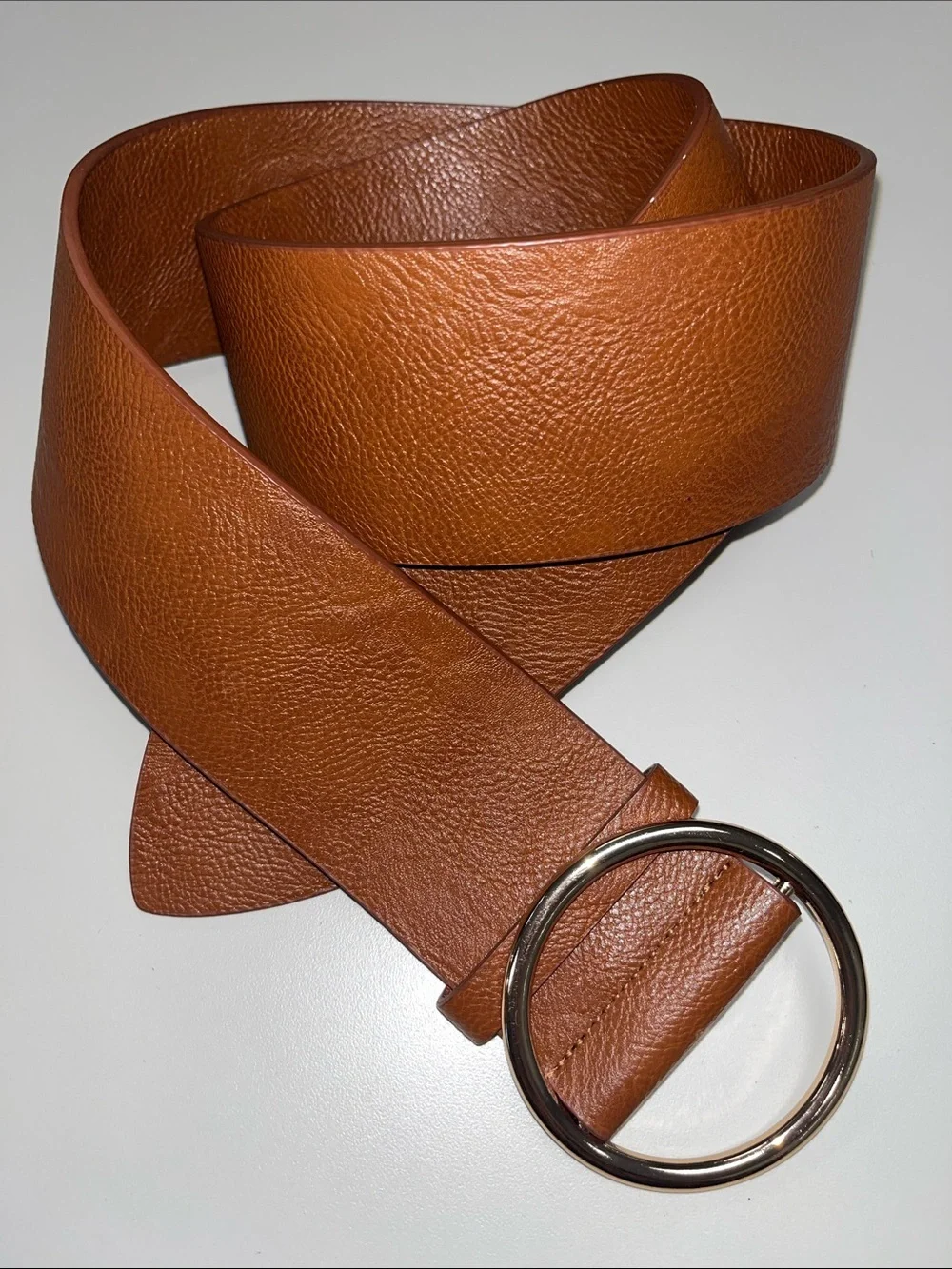 Source Unknown Brown Faux Leather Belt with Round Gold Buckle S/M